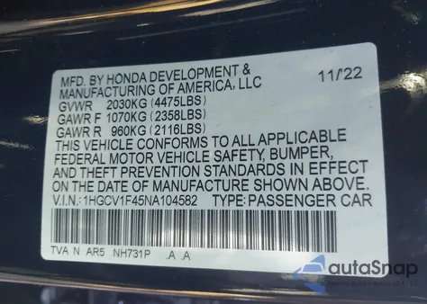 2022 Honda Accord Sport Se z USA, uszkodzony, nr VIN 1HGCV1F45NA104582